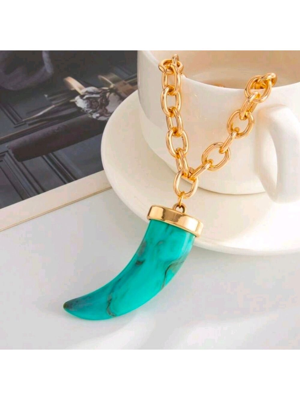 Turquoise Horn Pendant Necklace - Picture 3 of 4